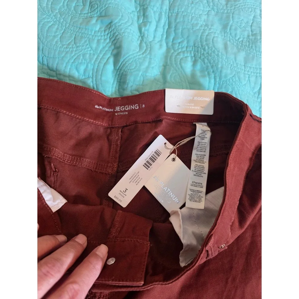 Chicos Platinum Jeggings Slim Fit Mahogany Burgundy Pants Size‎ 3 NWT